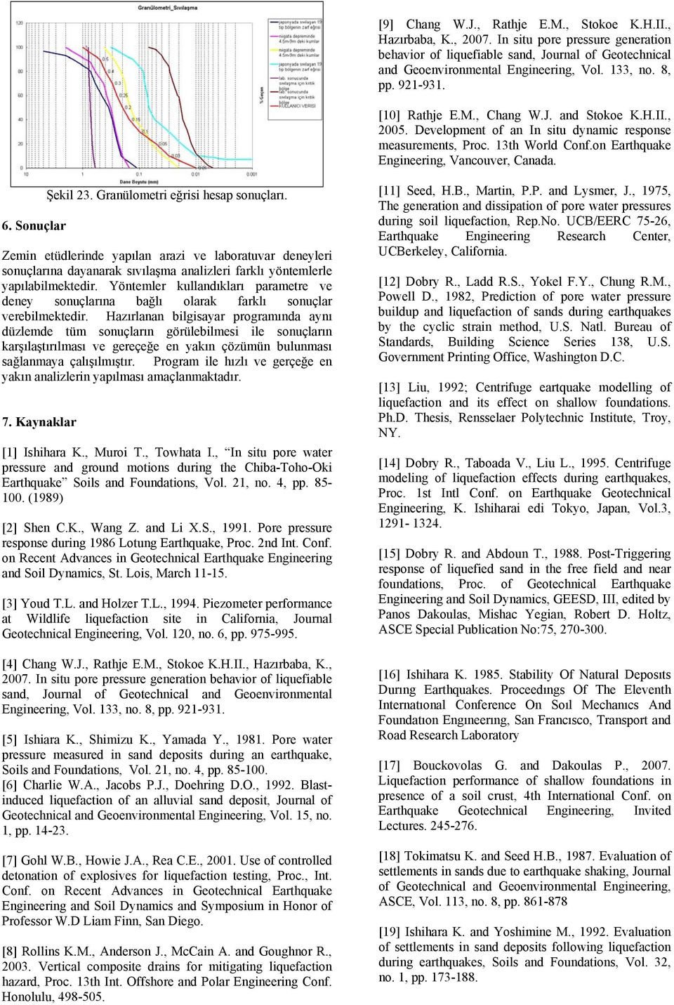 Sonuçlar Şekil 23. Granülometri eğrisi hesap sonuçları. Zemin etüdlerinde yapılan arazi ve laboratuvar deneyleri sonuçlarına dayanarak sıvılaşma analizleri farklı yöntemlerle yapılabilmektedir.