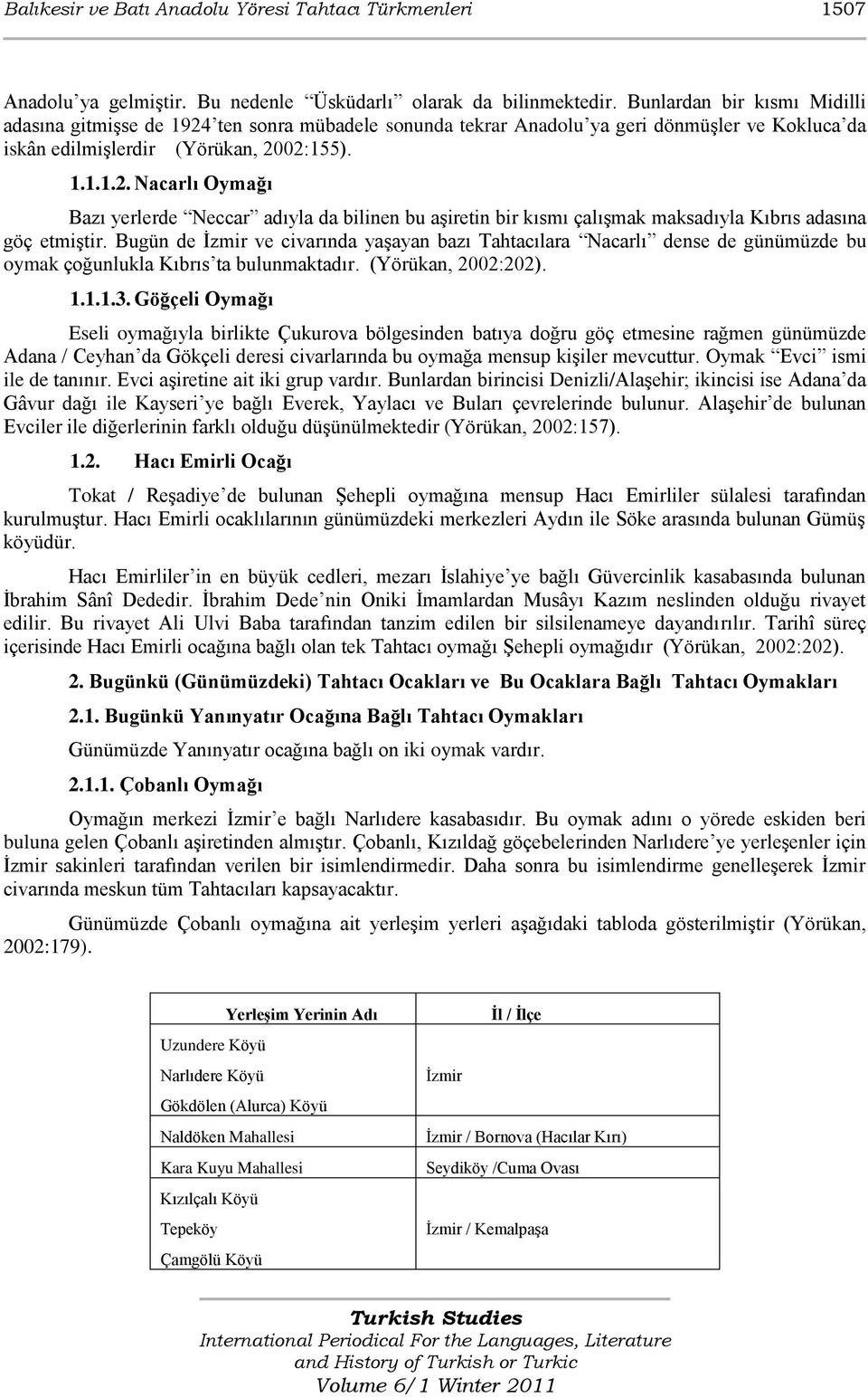 Bugün de Ġzmir ve civarında yaģayan bazı Tahtacılara Nacarlı dense de günümüzde bu oymak çoğunlukla Kıbrıs ta bulunmaktadır. (Yörükan, 2002:202). 1.1.1.3.