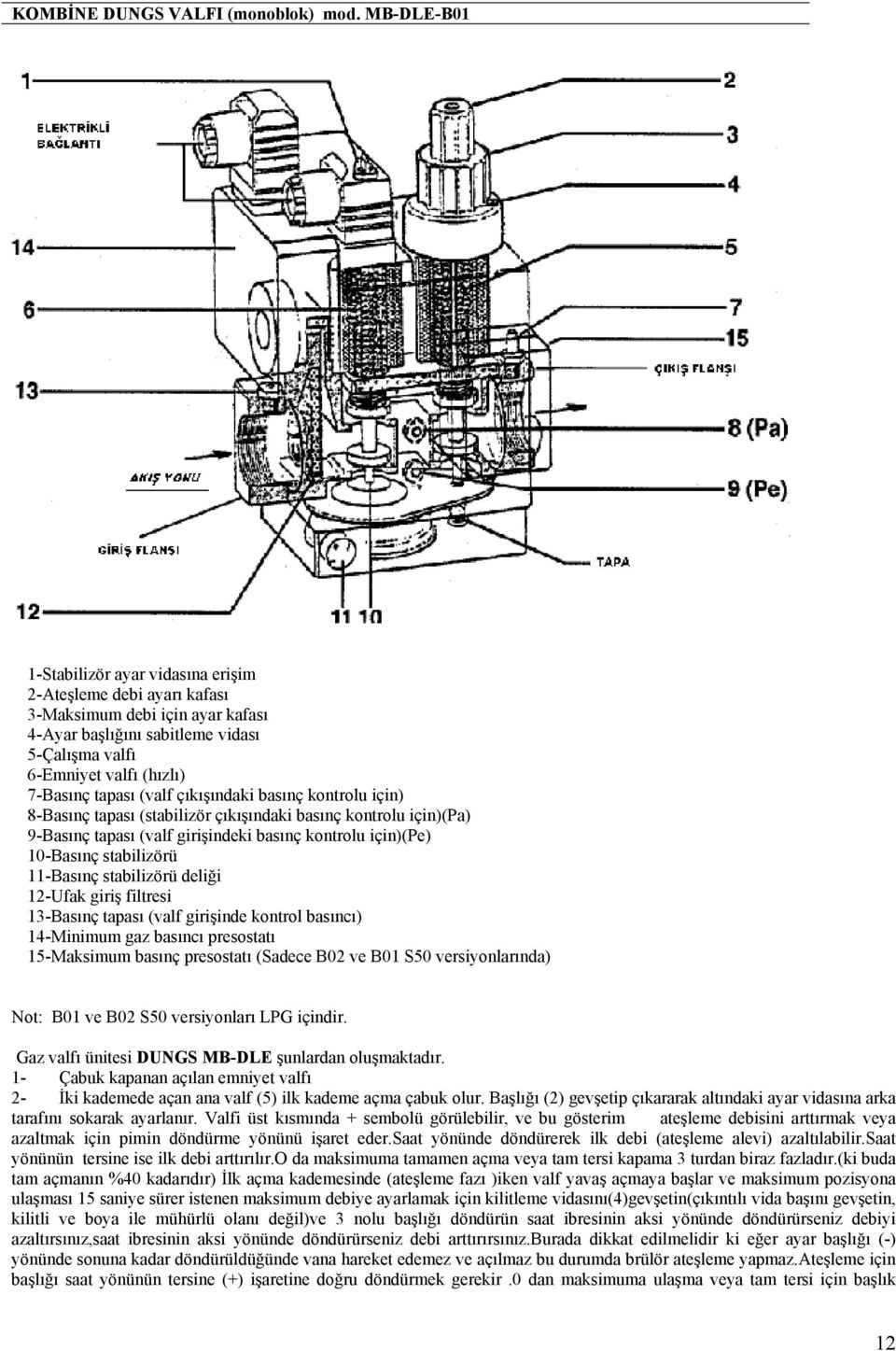 (valf çıkışındaki basınç kontrolu için) 8-Basınç tapası (stabilizör çıkışındaki basınç kontrolu için)(pa) 9-Basınç tapası (valf girişindeki basınç kontrolu için)(pe) 10-Basınç stabilizörü 11-Basınç