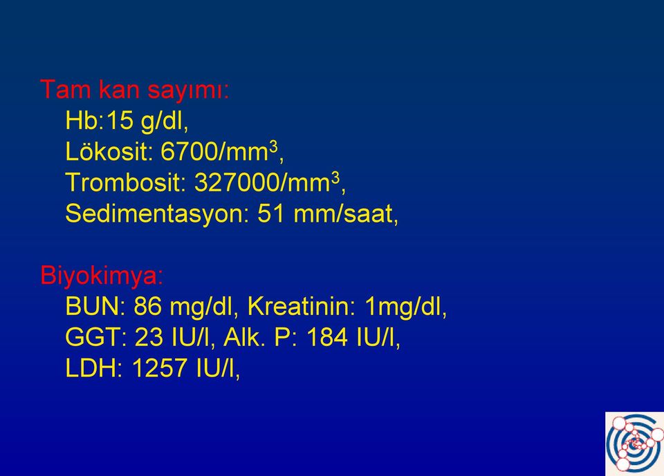 mm/saat, Biyokimya: BUN: 86 mg/dl, Kreatinin: