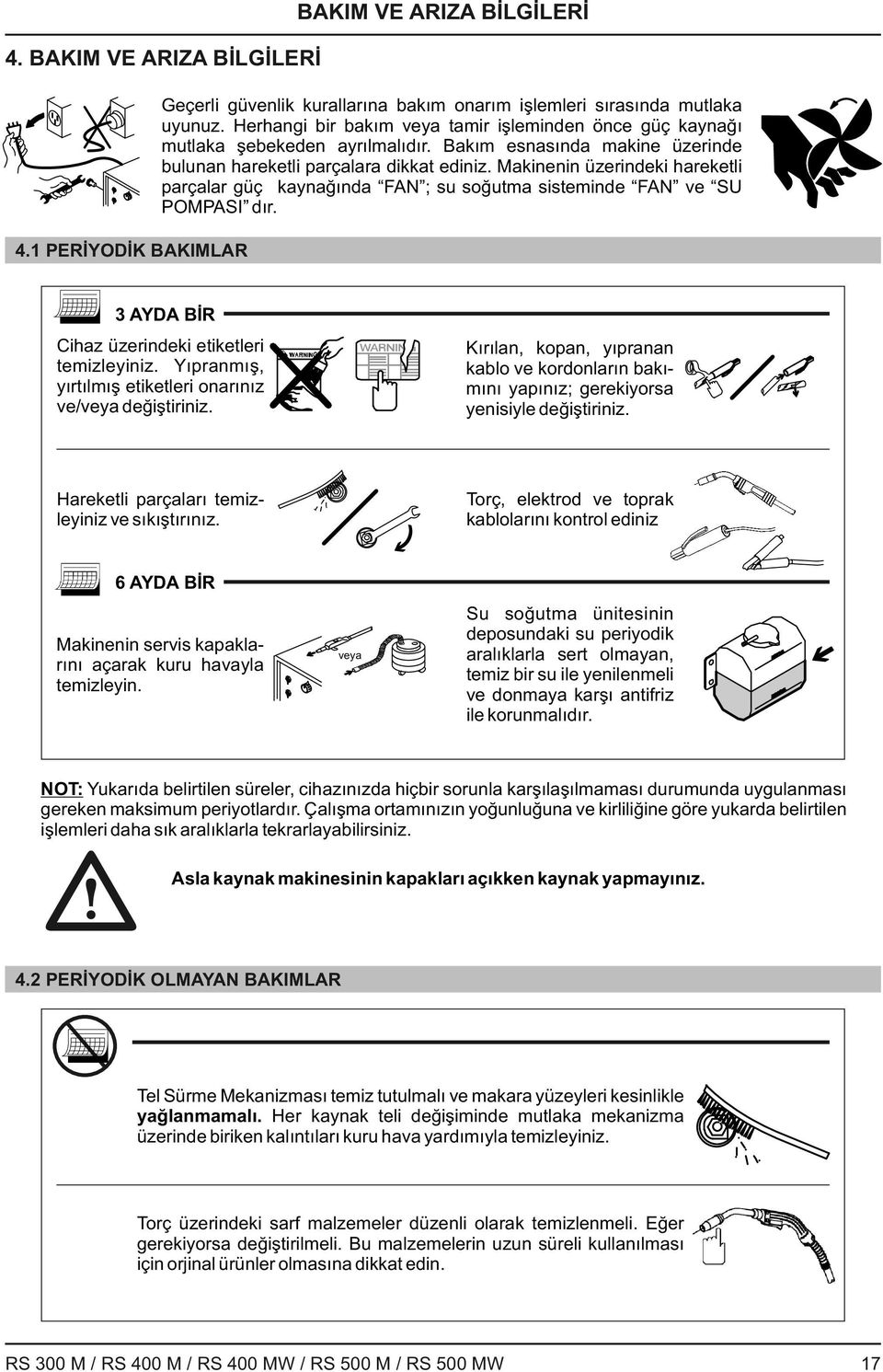 Makinenin üzerindeki hareketli parçalar güç kaynağında FAN ; su soğutma sisteminde FAN ve SU POMPASI dır. 3 AYDA BİR Cihaz üzerindeki etiketleri temizleyiniz.
