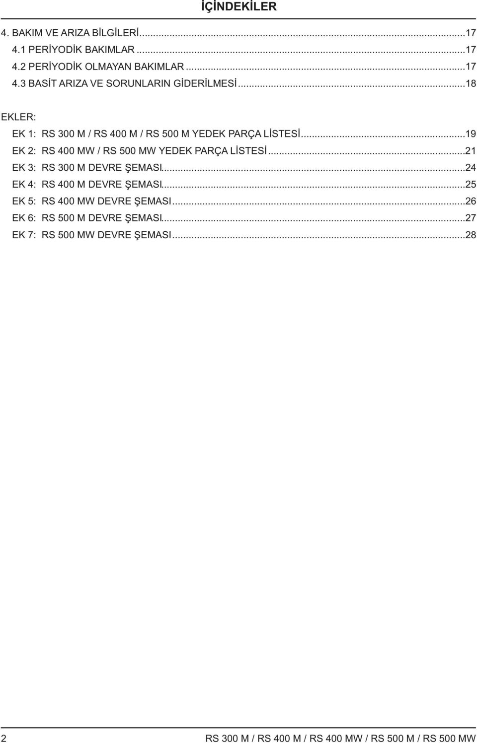.....19 EK 2: RS 400 MW / RS 500 MW YEDEK PARÇA LİSTESİ...21 EK 3: RS 300 M DEVRE ŞEMASI.