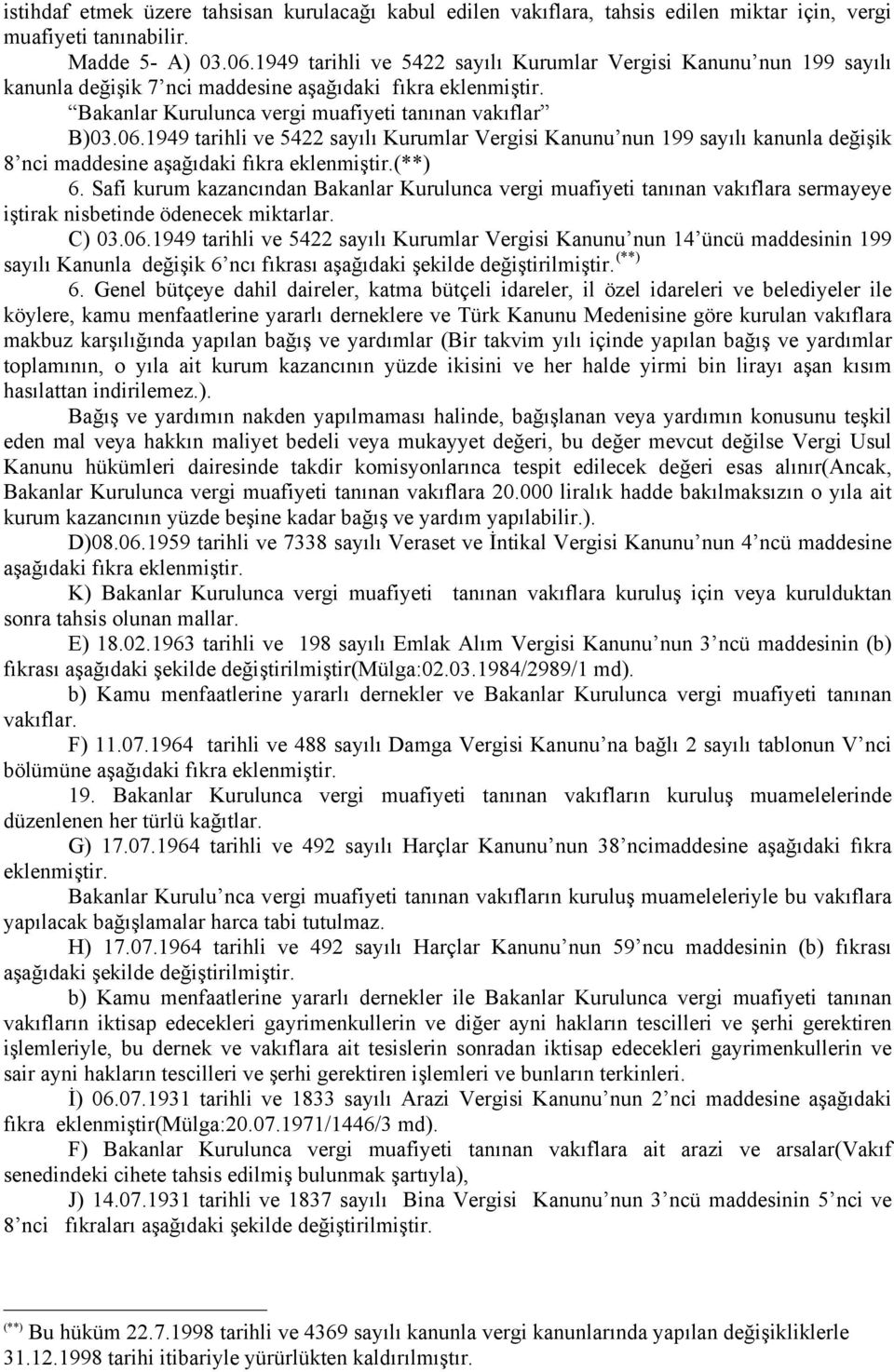 1949 tarihli ve 5422 sayılı Kurumlar Vergisi Kanunu nun 199 sayılı kanunla değişik 8 nci maddesine aşağıdaki fıkra eklenmiştir.(**) 6.