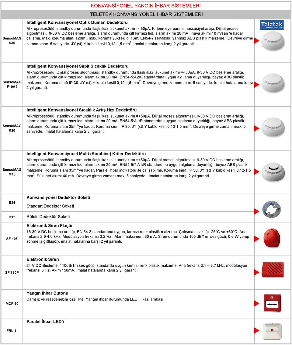 koruma alanı 120m², max. koruma yüksekliği 16m. EN54-7 sertifikalı, yanmaz ABS plastik malzeme. Devreye girme zamanı max. 5 saniyede. JY (st) Y kablo kesiti 0,12-1,5 mm 2.