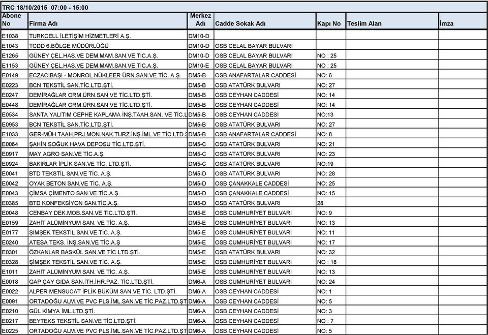 DM5-B OSB ATATÜRK BULVARI NO: 27 E0247 DEMİRAĞLAR ORM.ÜRN.SAN VE TİC.LTD.ŞTİ. DM5-B OSB CEYHAN CADDESİ NO: 14 E0448 DEMİRAĞLAR ORM.ÜRN.SAN VE TİC.LTD.ŞTİ. DM5-B OSB CEYHAN CADDESİ NO: 14 E0534 SANTA YALITIM CEPHE KAPLAMA İNŞ.
