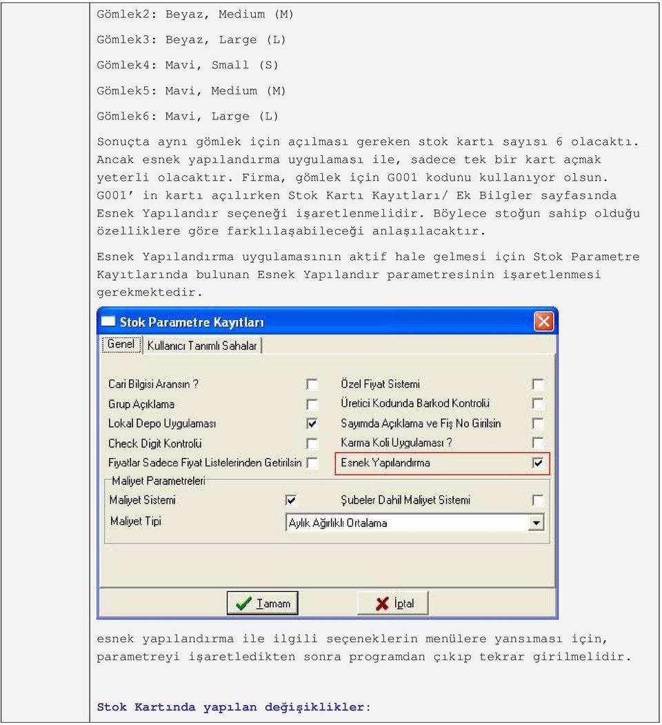 G001 in kartı açılırken Stok Kartı Kayıtları/ Ek Bilgler sayfasında Esnek Yapılandır seçeneği işaretlenmelidir. Böylece stoğun sahip olduğu özelliklere göre farklılaşabileceği anlaşılacaktır.
