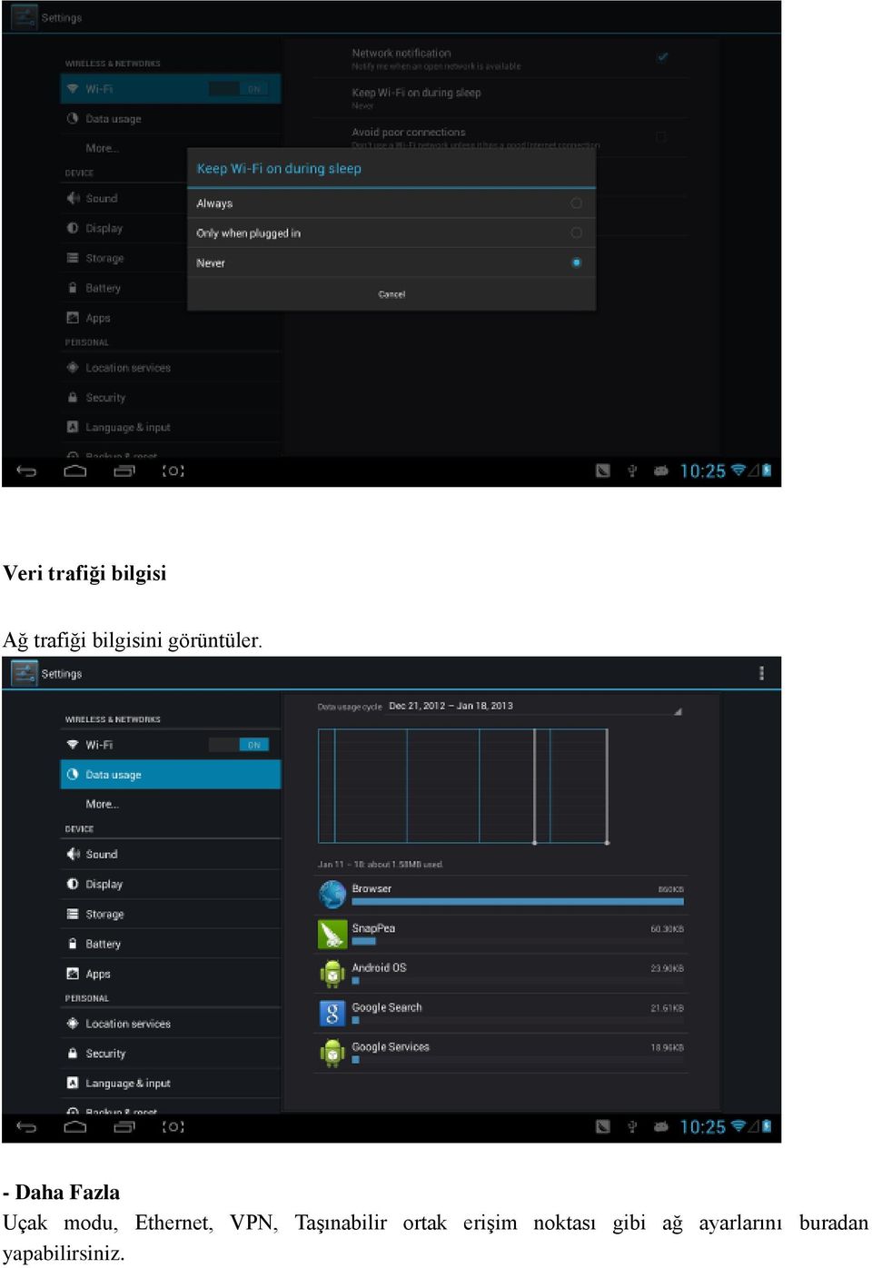 - Daha Fazla Uçak modu, Ethernet, VPN,