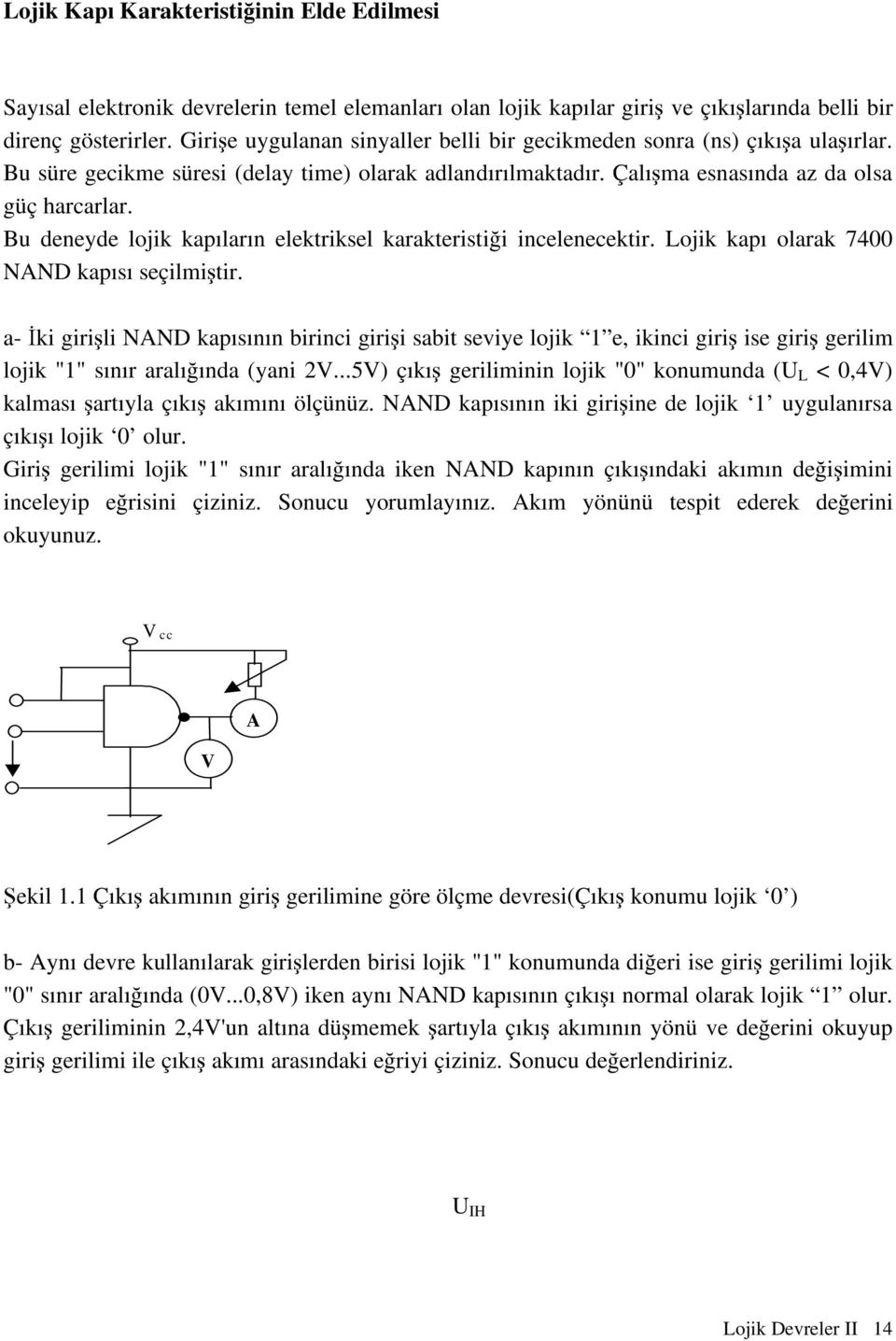 Bu deneyde lojik kapıların elektriksel karakteristiği incelenecektir. Lojik kapı olarak 7400 NND kapısı seçilmiştir.