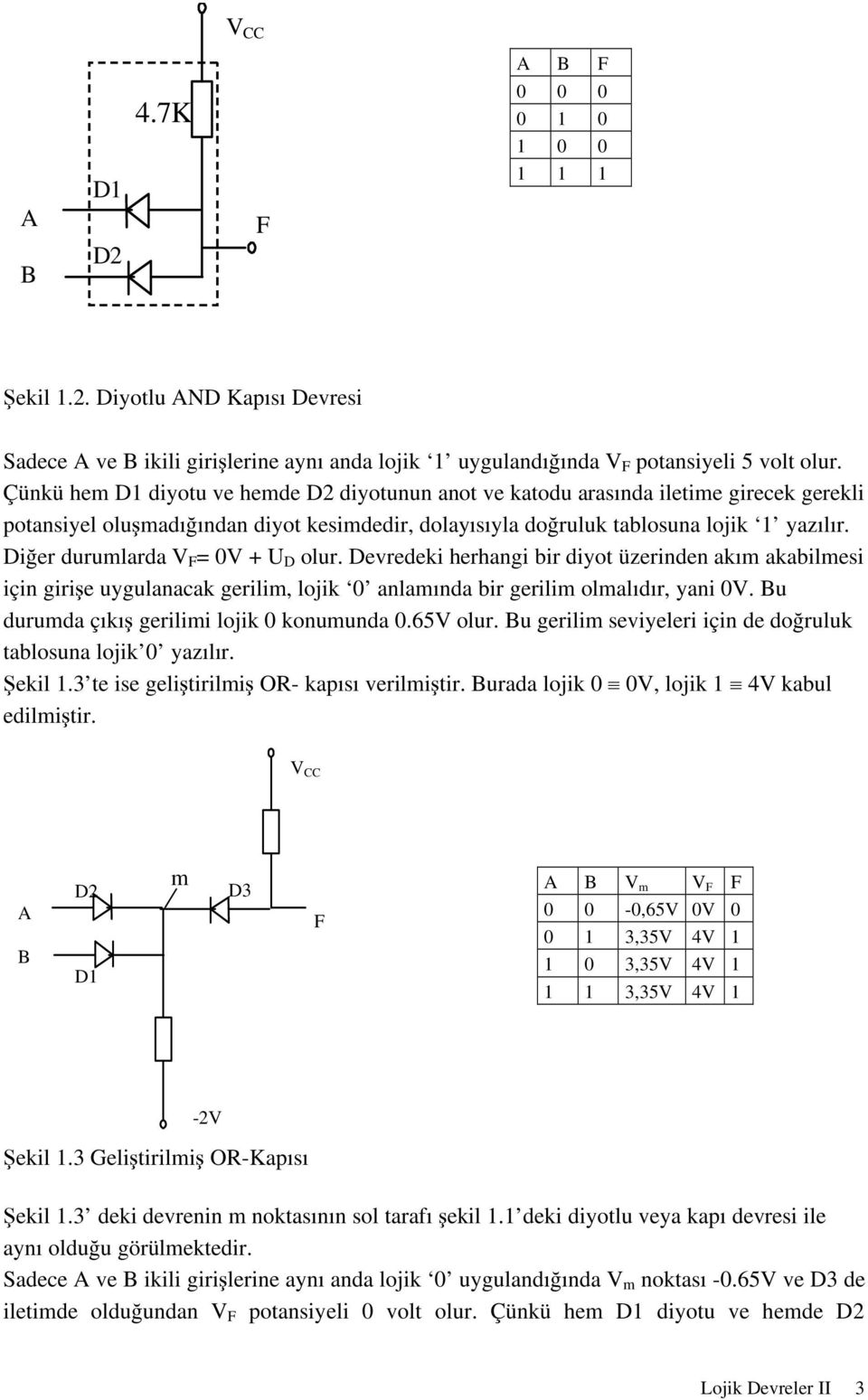 Diğer durumlarda V F = 0V + U D olur. Devredeki herhangi bir diyot üzerinden akım akabilmesi için girişe uygulanacak gerilim, lojik 0 anlamında bir gerilim olmalıdır, yani 0V.