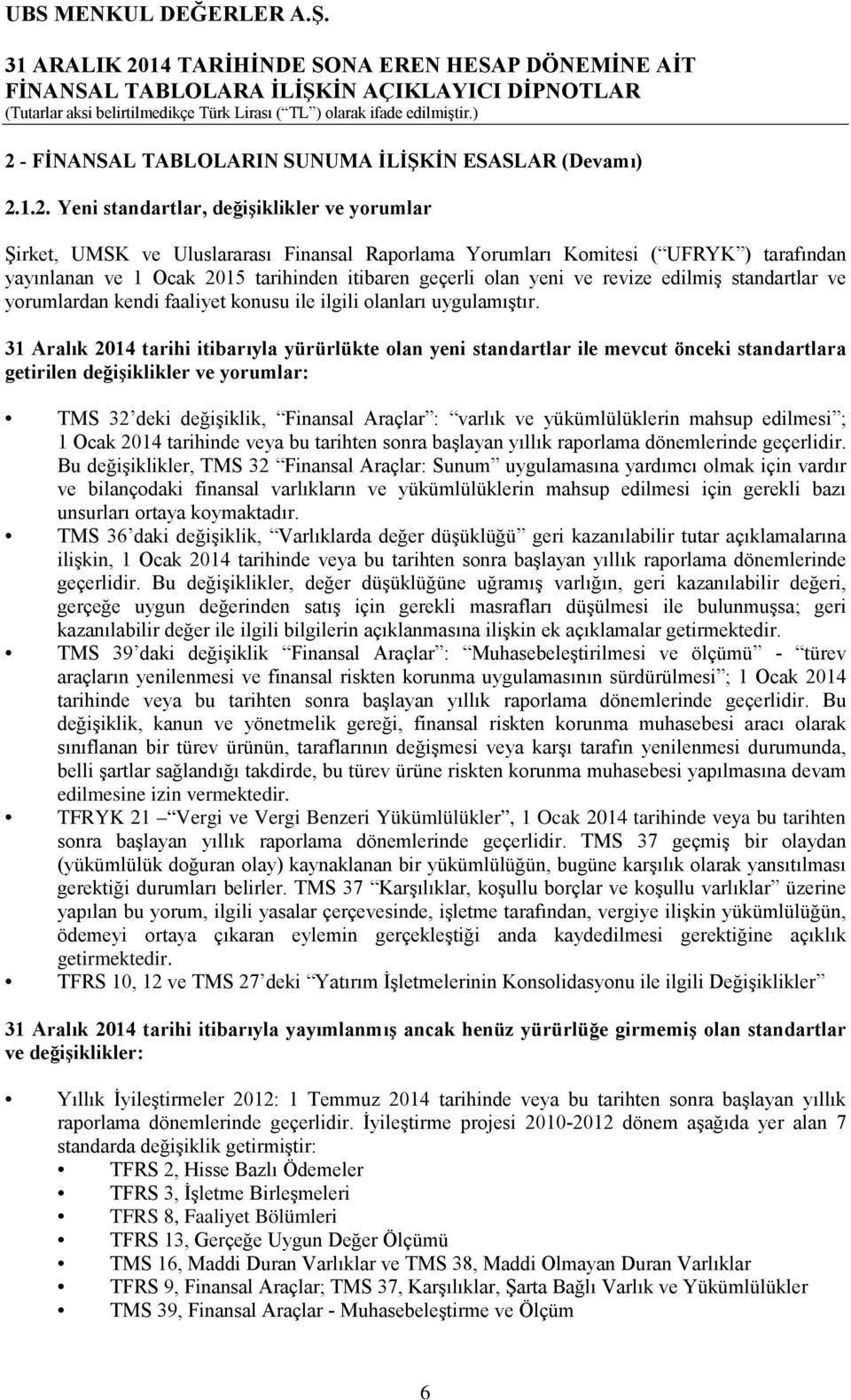 31 Aralık 2014 tarihi itibarıyla yürürlükte olan yeni standartlar ile mevcut önceki standartlara getirilen değişiklikler ve yorumlar: TMS 32 deki değişiklik, Finansal Araçlar : varlık ve