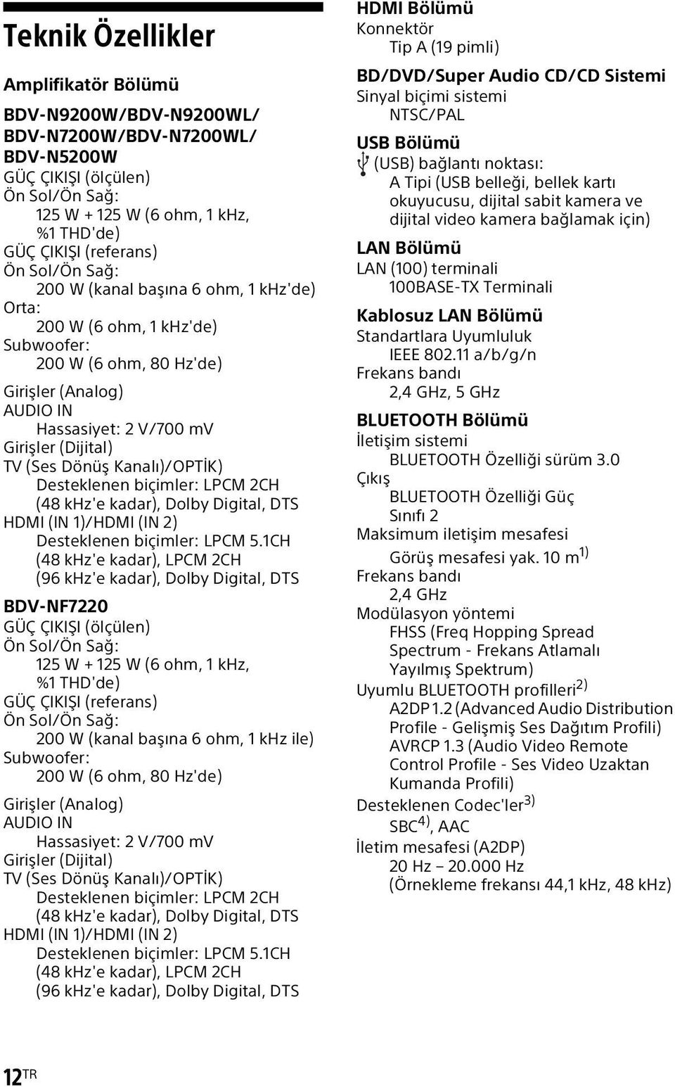 Kanalı)/OPTİK) Desteklenen biçimler: LPCM 2CH (48 khz'e kadar), Dolby Digital, DTS HDMI (IN 1)/HDMI (IN 2) Desteklenen biçimler: LPCM 5.