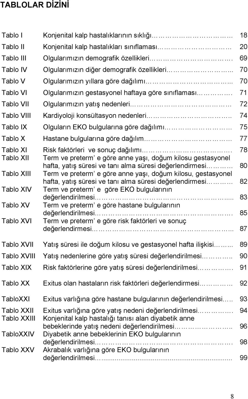 71 Tablo VII Olgularımızın yatış nedenleri 72 Tablo VIII Kardiyoloji konsültasyon nedenleri.