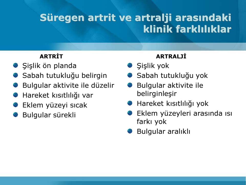 sıcak Bulgular sürekli Şişlik yok ARTRALJİ Sabah tutukluğu yok Bulgular aktivite ile