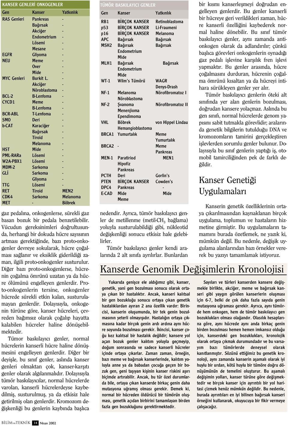 MDM-2 Sarkoma - GL Sarkoma - Gliyoma - TTG Lösemi - RET Tiroid MEN2 CDK4 Sarkoma Melanoma MET - Böbrek gaz pedal na, onkogenlerse, sürekli gaz basan bozuk bir pedala benzetilebilir.