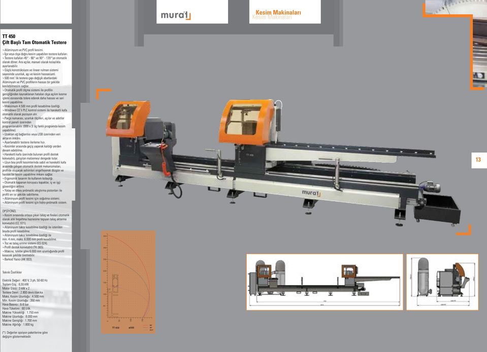 500 mm lik testere çapı değişik ebatlardaki Alüminyum ve PVC profillerin hassas bir şekilde kesilebilmesini sağlar.