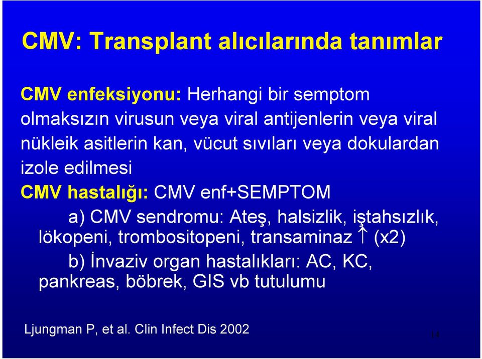 CMV enf+semptom a) CMV sendromu: Ateş, halsizlik, iştahsızlık, lökopeni, trombositopeni, transaminaz (x2) b)