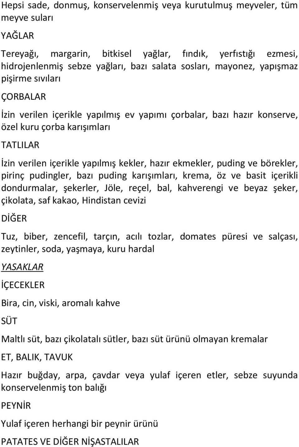 ekmekler, puding ve börekler, pirinç pudingler, bazı puding karışımları, krema, öz ve basit içerikli dondurmalar, şekerler, Jöle, reçel, bal, kahverengi ve beyaz şeker, çikolata, saf kakao, Hindistan