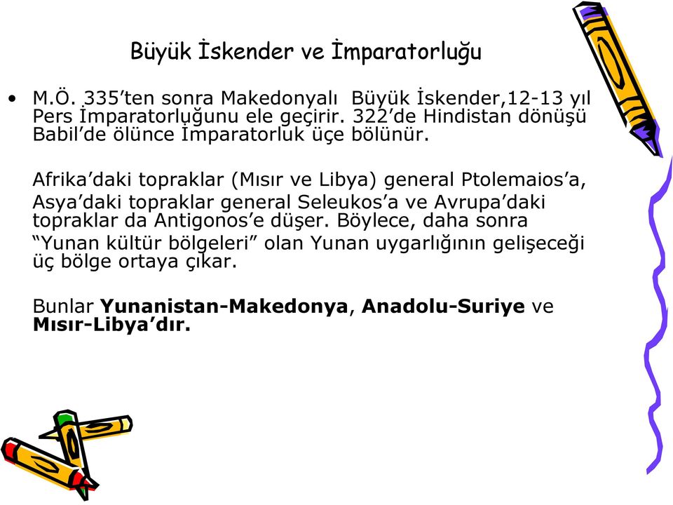 Afrika daki topraklar (Mısır ve Libya) general Ptolemaios a, Asya daki topraklar general Seleukos a ve Avrupa daki topraklar