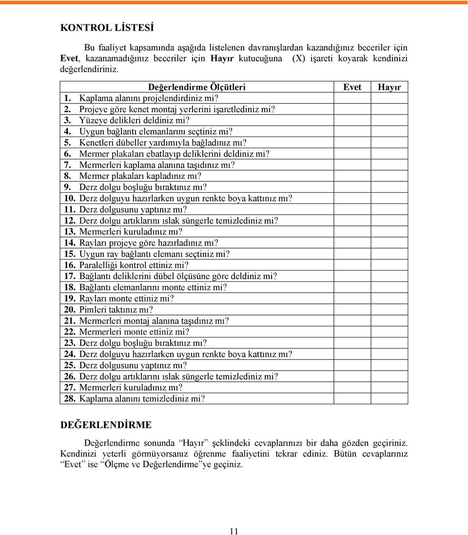 Uygun bağlantı elemanlarını seçtiniz mi? 5. Kenetleri dübeller yardımıyla bağladınız mı? 6. Mermer plakaları ebatlayıp deliklerini deldiniz mi? 7. Mermerleri kaplama alanına taģıdınız mı? 8.