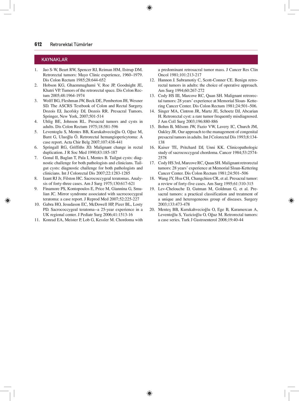 Dis Colon Rectum 2005;48:1964-1974 Wolff BG, Fleshman JW, Beck DE, Pemberton JH, Wexner SD. The ASCRS Textbook of Colon and Rectal Surgery. Dozois EJ, Jacofsky DJ, Dozois RR. Presacral Tumors.