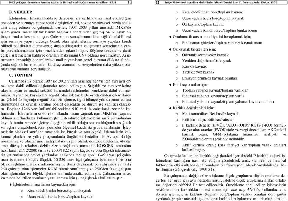 veriler, 1997 00 yılları arasında İMKB de işlem gören imalat işletmelerinin bağımsız denetimden geçmiş on iki aylık bilânçolarından hesaplanmıştır.