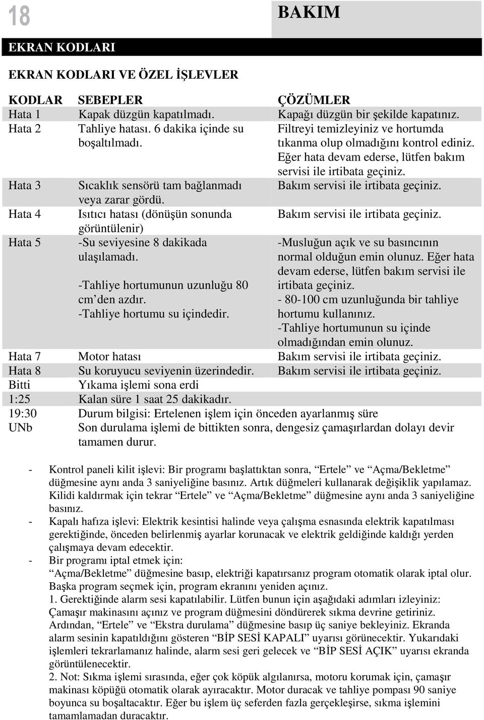 Hata 3 Sıcaklık sensörü tam bağlanmadı Bakım servisi ile irtibata geçiniz. veya zarar gördü. Hata 4 Isıtıcı hatası (dönüşün sonunda Bakım servisi ile irtibata geçiniz.