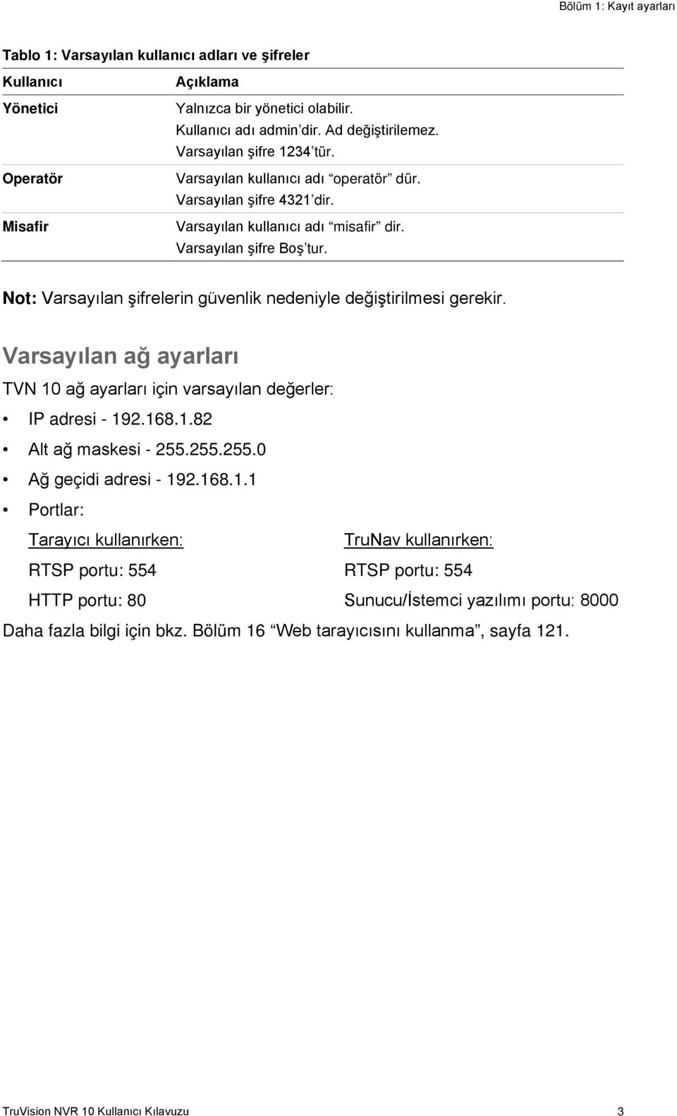 Not: Varsayılan şifrelerin güvenlik nedeniyle değiştirilmesi gerekir. Varsayılan ağ ayarları TVN 10 ağ ayarları için varsayılan değerler: IP adresi - 192.168.1.82 Alt ağ maskesi - 255.