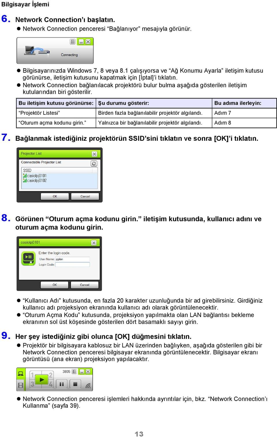 Network Connection bağlanılacak projektörü bulur bulma aşağıda gösterilen iletişim kutularından biri gösterilir.