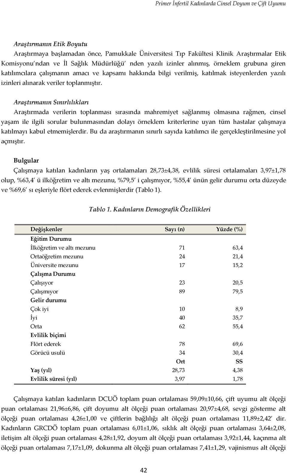 Araştırmanın Sınırlılıkları Araştırmada verilerin toplanması sırasında mahremiyet sağlanmış olmasına rağmen, cinsel yaşam ile ilgili sorular bulunmasından dolayı örneklem kriterlerine uyan tüm