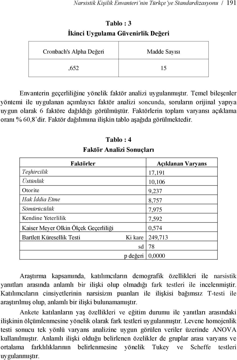 Faktörlerin toplam varyansı açıklama oranı % 60,8 dir. Faktör dağılımına iliģkin tablo aģağıda görülmektedir.