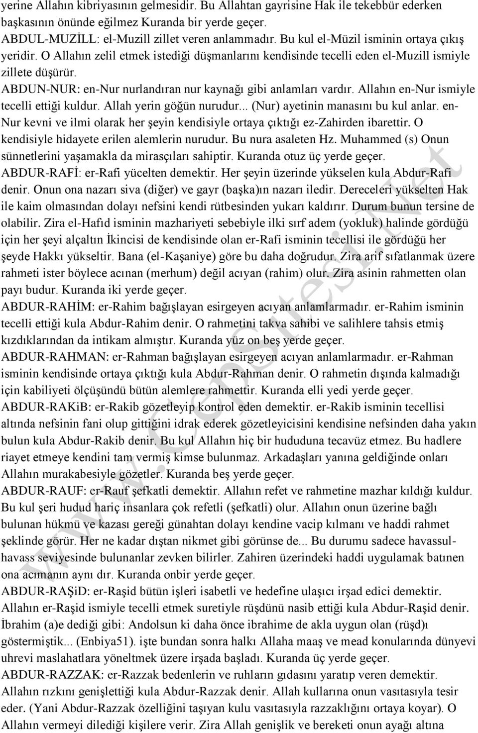 ABDUN-NUR: en-nur nurlandıran nur kaynağı gibi anlamları vardır. Allahın en-nur ismiyle tecelli ettiği kuldur. Allah yerin göğün nurudur... (Nur) ayetinin manasını bu kul anlar.