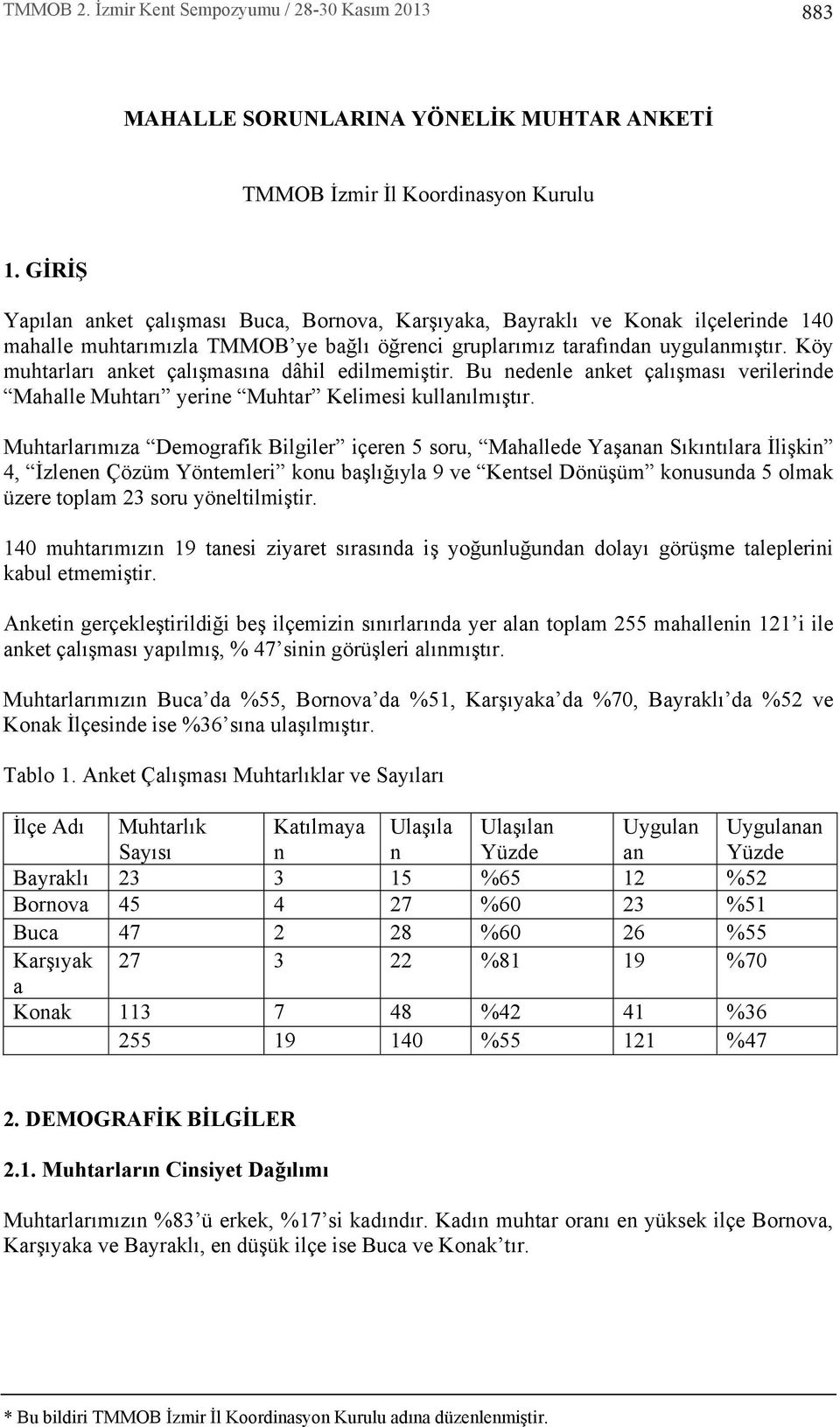 Köy muhtarlar anket çal şmas na dâhil edilmemiştir. Bu nedenle anket çal şmas verilerinde Mahalle Muhtar yerine Muhtar Kelimesi kullan lm şt r.