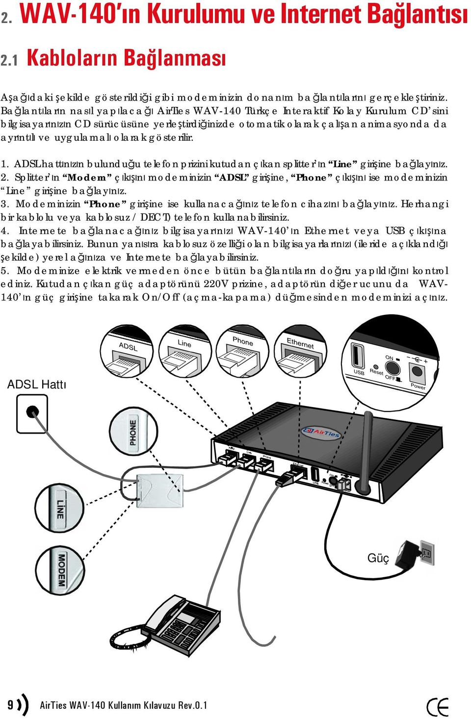 olarak gösterilir. 1. ADSL hattınızın bulunduğu telefon prizini kutudan çıkan splitter ın Line girişine bağlayınız. 2.