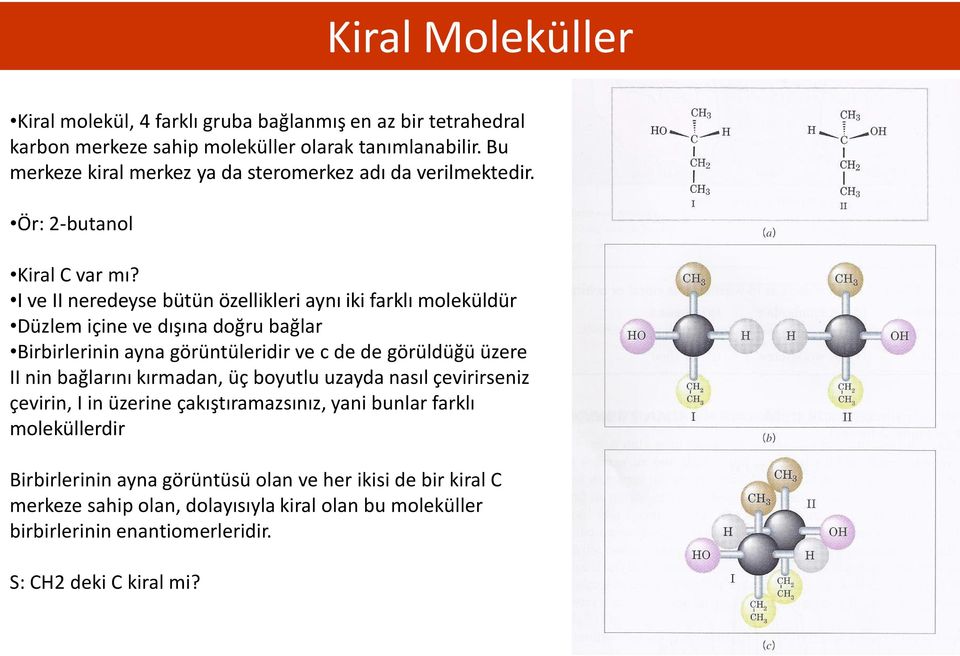 I ve II neredeyse bütün özellikleri aynı iki farklı moleküldür Düzlem içine ve dışına doğru bağlar Birbirlerinin ayna görüntüleridir ve c de de görüldüğü üzere II nin