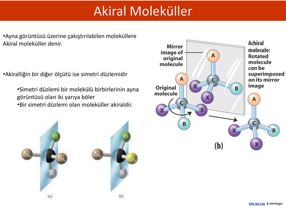 Akiralliğin bir diğer ölçütü ise simetri düzlemidir Simetri düzlemi bir