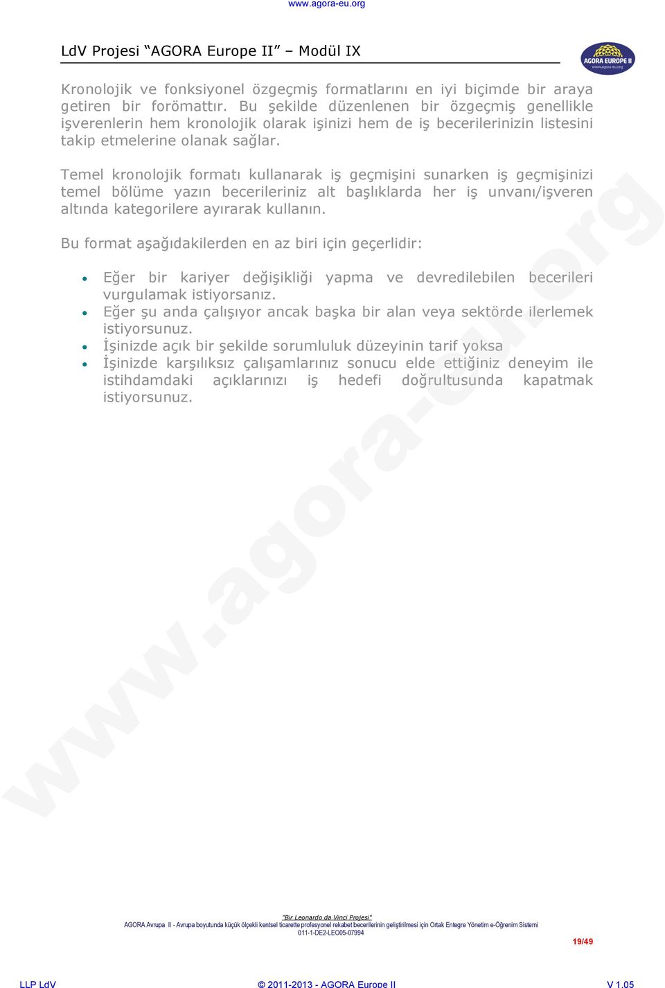 Temel kronolojik formatı kullanarak iş geçmişini sunarken iş geçmişinizi temel bölüme yazın becerileriniz alt başlıklarda her iş unvanı/işveren altında kategorilere ayırarak kullanın.