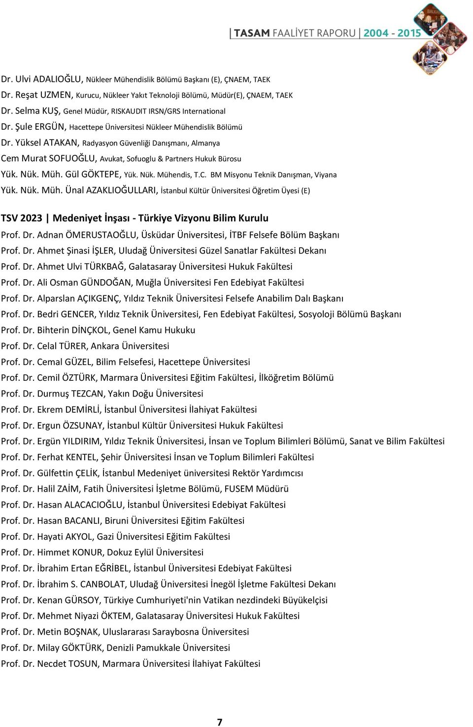 Yüksel ATAKAN, Radyasyon Güvenliği Danışmanı, Almanya Cem Murat SOFUOĞLU, Avukat, Sofuoglu & Partners Hukuk Bürosu Yük. Nük. Müh. Gül GÖKTEPE, Yük. Nük. Mühendis, T.C. BM Misyonu Teknik Danışman, Viyana Yük.