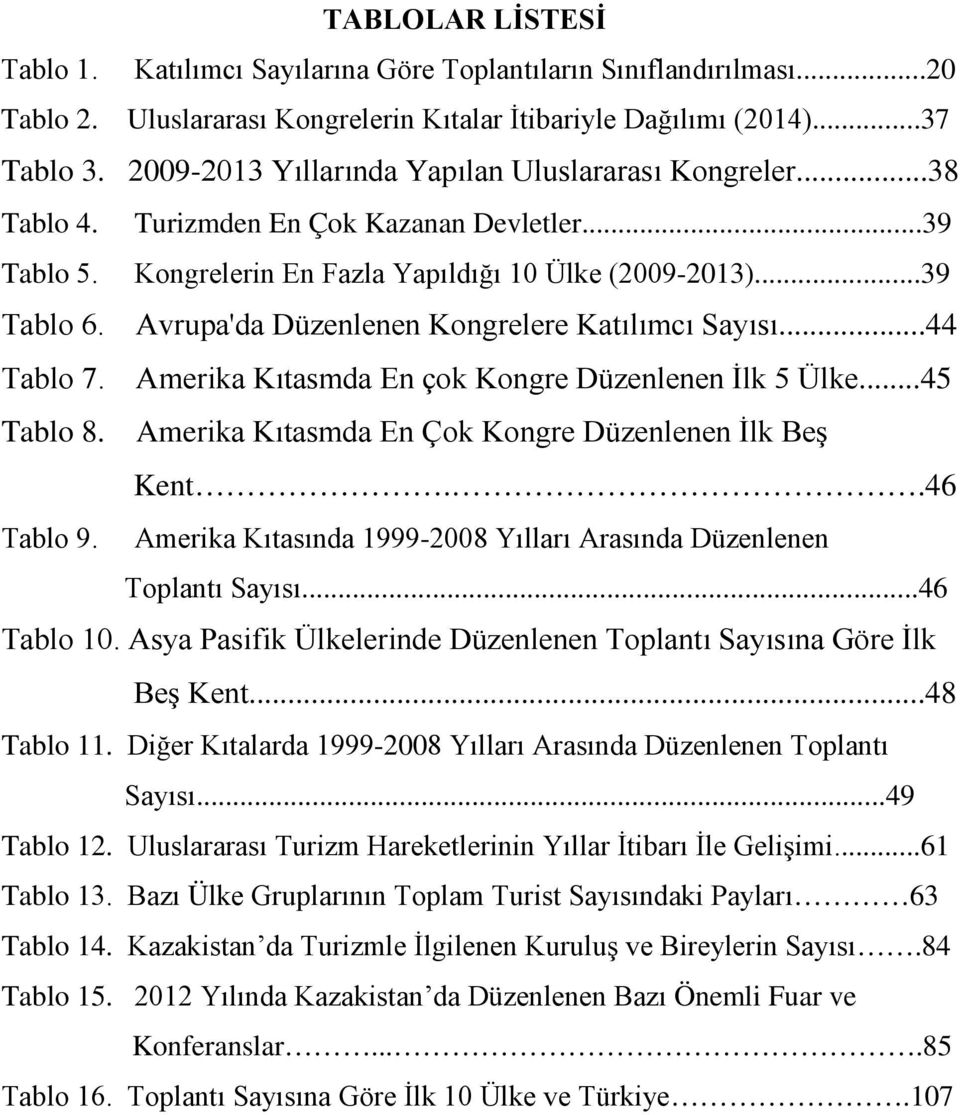 Avrupa'da Düzenlenen Kongrelere Katılımcı Sayısı...44 Tablo 7. Amerika Kıtasmda En çok Kongre Düzenlenen İlk 5 Ülke...45 Tablo 8. Amerika Kıtasmda En Çok Kongre Düzenlenen İlk Beş Kent..46 Tablo 9.