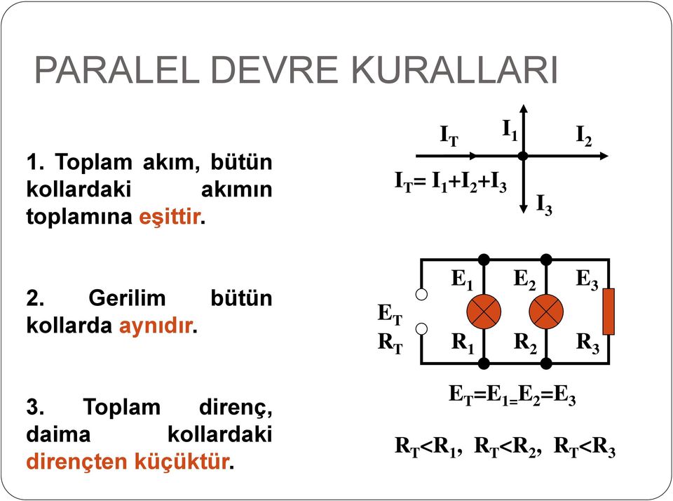 I T I 2 I T = I 1 +I 2 +I 3 I 1 I 3 2. Gerilim bütün kollarda aynıdır.