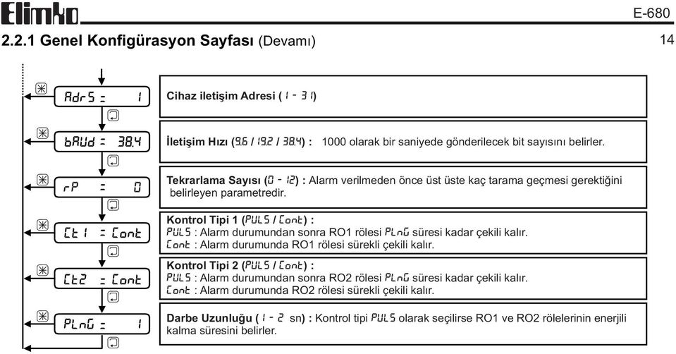 Kontrol Tipi 1 ( PULS / CONT) : PULS : Alarm durumundan sonra RO1 rölesi PLNG süresi kadar çekili kalýr. CONT : Alarm durumunda RO1 rölesi sürekli çekili kalýr.