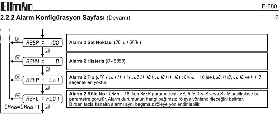 seçenekleri yoktur. Alarm 2 Röle No : CHNO 16 iken A2TP parametresi Lo2, Hi2, Lo12 veya Hi12 seçilmiþse bu parametre görülür.