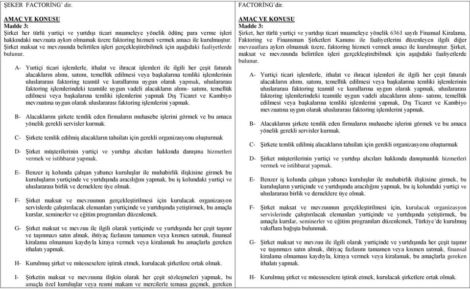 Şirket maksat ve mevzuunda belirtilen işleri gerçekleştirebilmek için aşağıdaki faaliyetlerde bulunur.