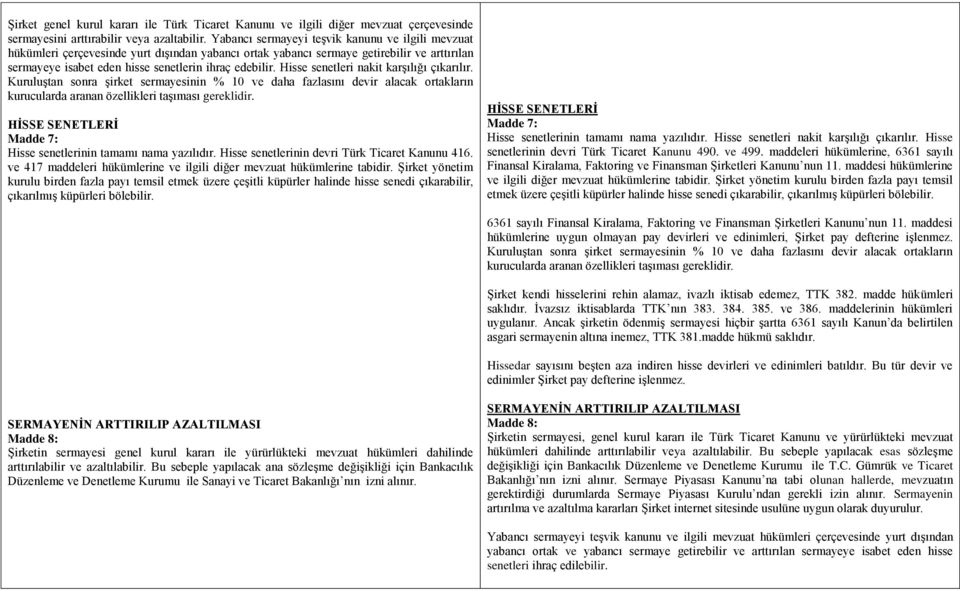 Hisse senetleri nakit karşılığı çıkarılır. Kuruluştan sonra şirket sermayesinin % 10 ve daha fazlasını devir alacak ortakların kurucularda aranan özellikleri taşıması gereklidir.