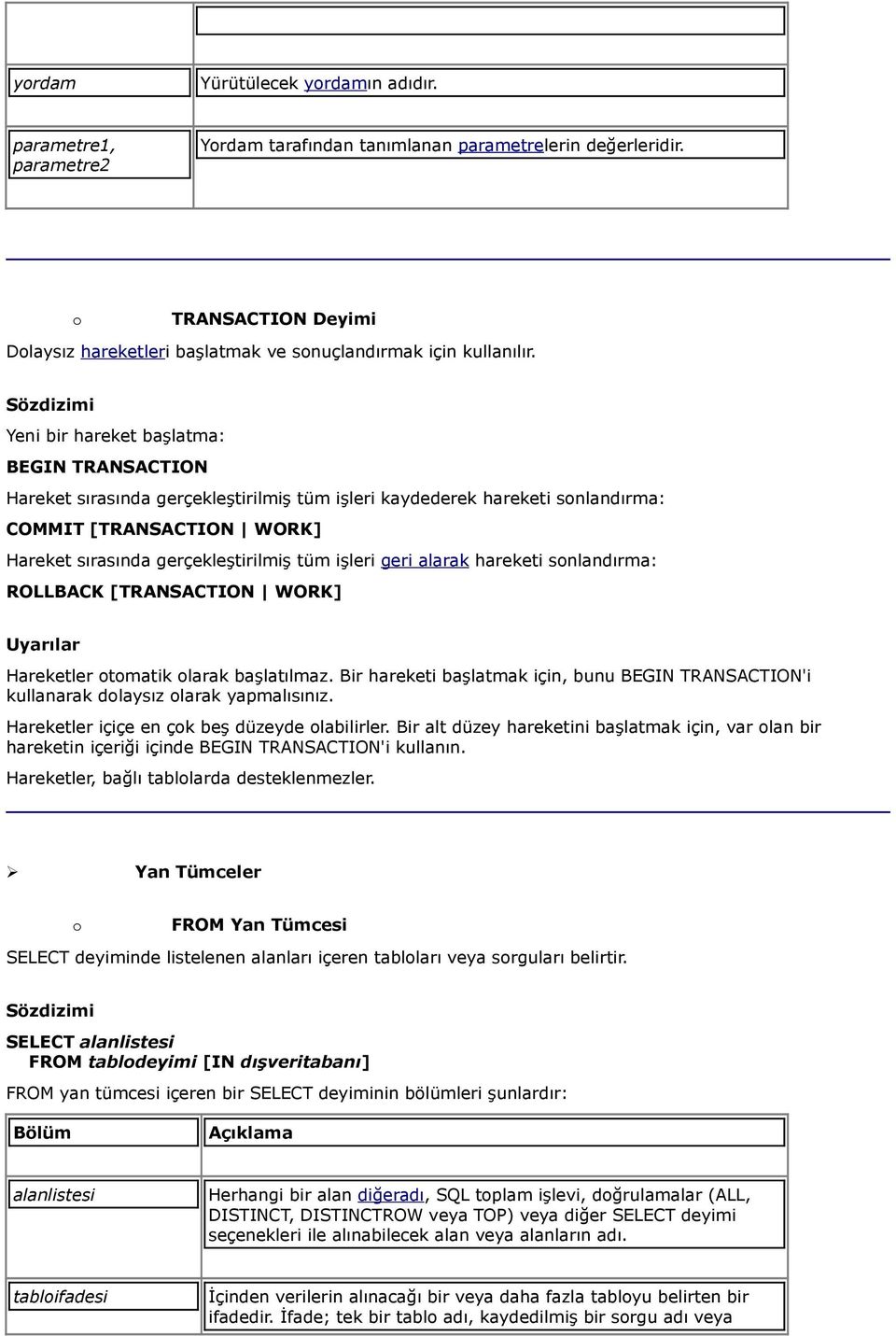 Sözdizimi Yeni bir hareket başlatma: BEGIN TRANSACTION Hareket sırasında gerçekleştirilmiş tüm işleri kaydederek hareketi sonlandırma: COMMIT [TRANSACTION WORK] Hareket sırasında gerçekleştirilmiş