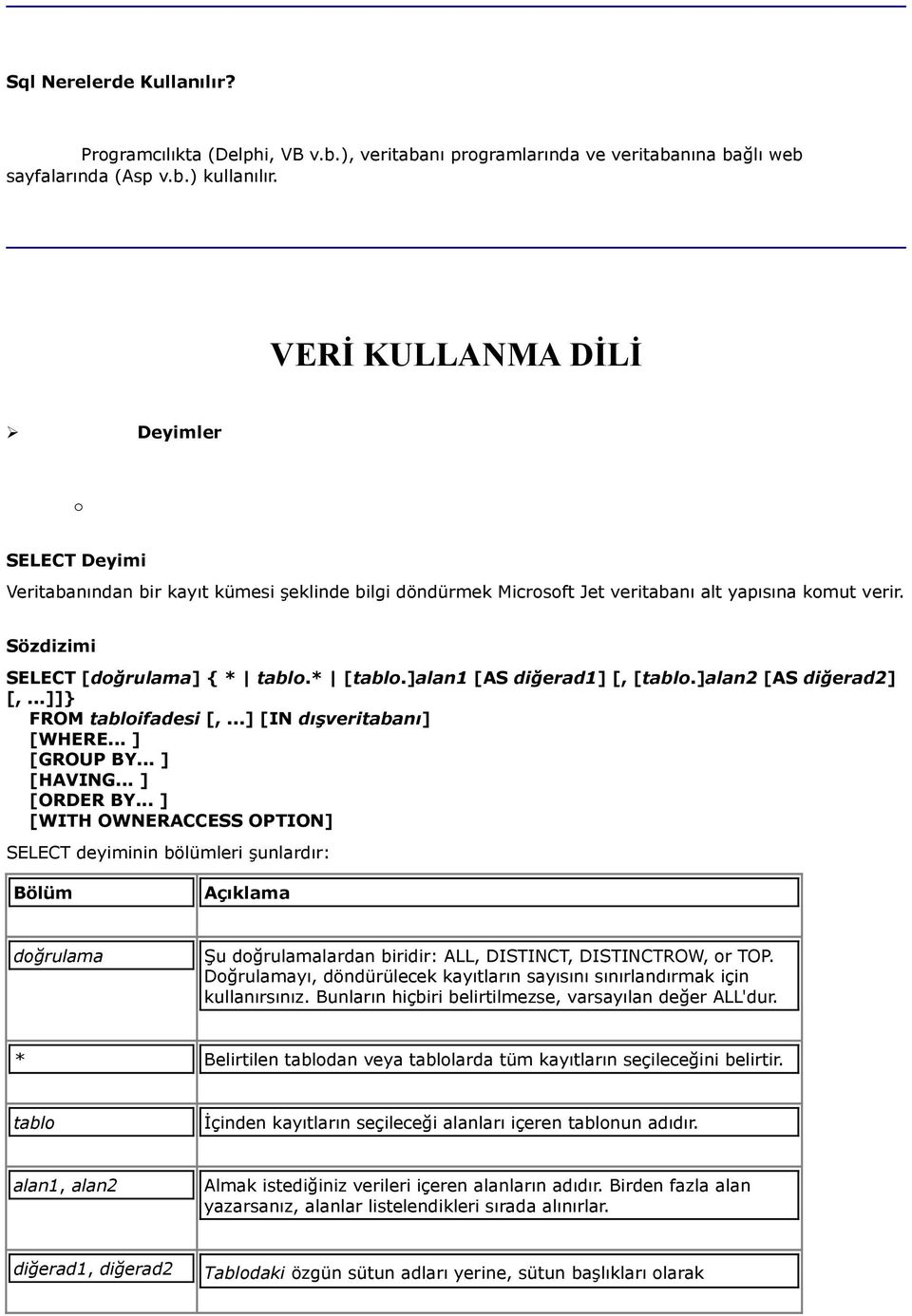 * [tablo.]alan1 [AS diğerad1] [, [tablo.]alan2 [AS diğerad2] [,...]]} FROM tabloifadesi [,...] [IN dışveritabanı] [WHERE... ] [GROUP BY... ] [HAVING... ] [ORDER BY.