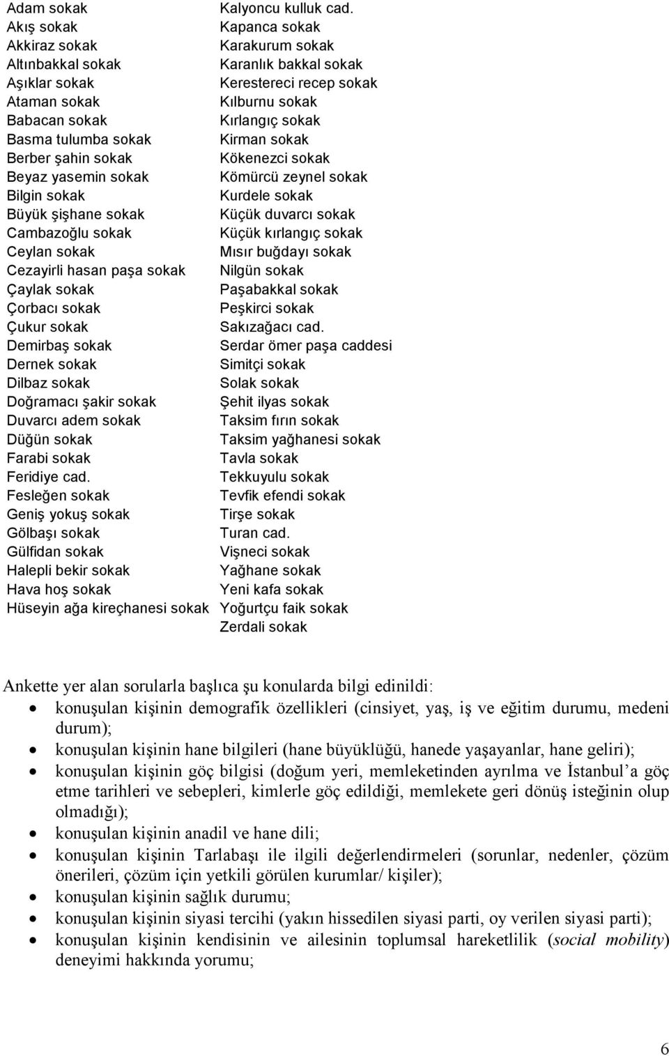 tulumba sokak Kirman sokak Berber şahin sokak Kökenezci sokak Beyaz yasemin sokak Kömürcü zeynel sokak Bilgin sokak Kurdele sokak Büyük şişhane sokak Küçük duvarcı sokak Cambazoğlu sokak Küçük