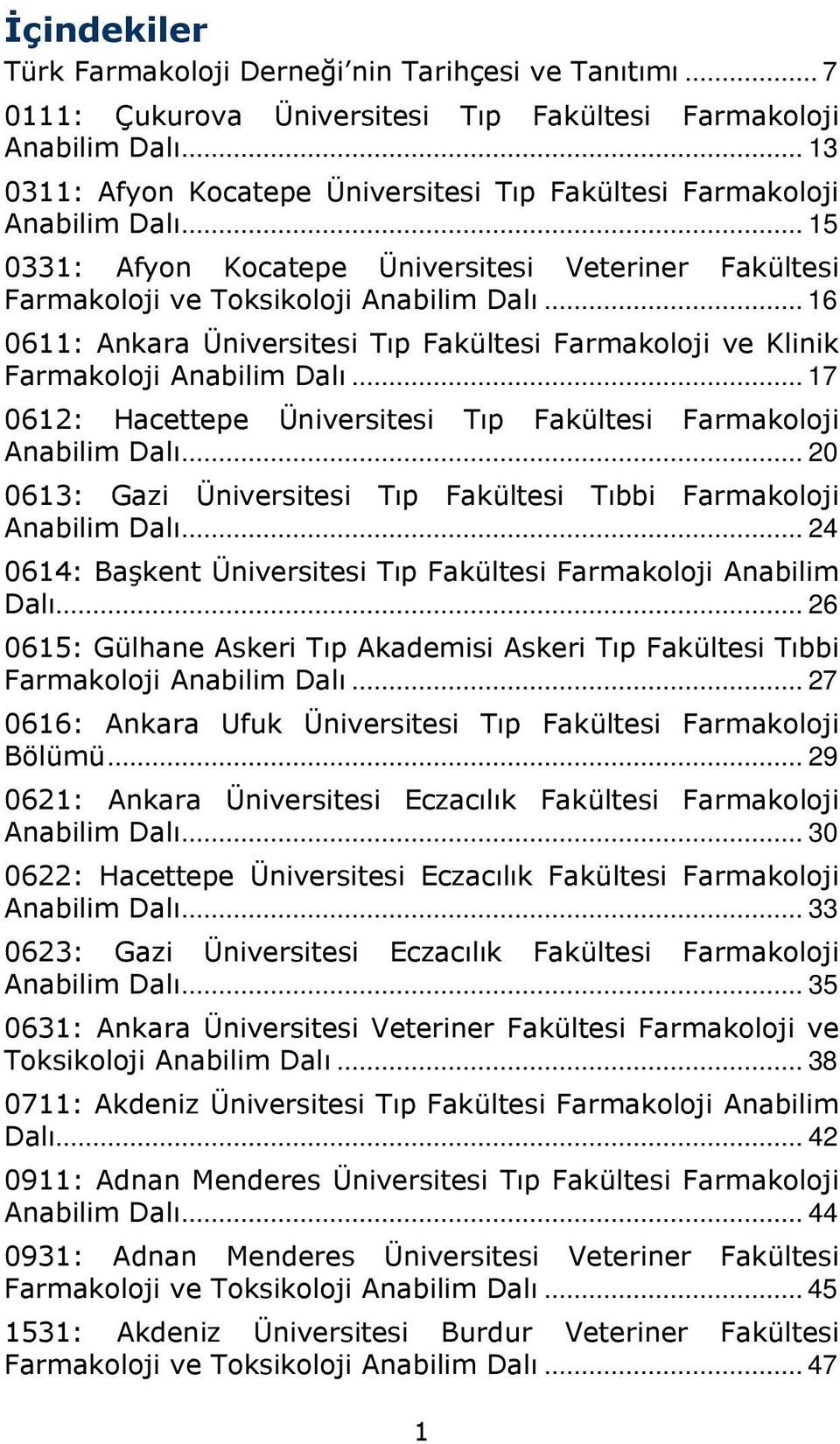 .. 16 0611: Ankara Üniversitesi Tıp Fakültesi Farmakoloji ve Klinik Farmakoloji Anabilim Dalı... 17 0612: Hacettepe Üniversitesi Tıp Fakültesi Farmakoloji Anabilim Dalı.