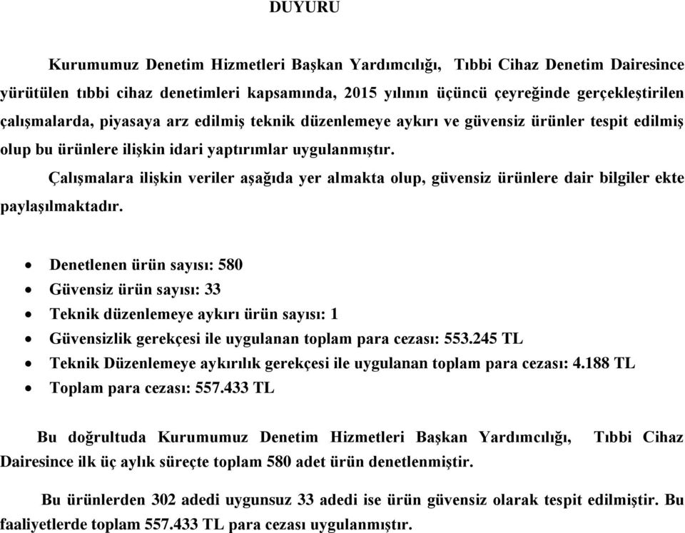 Çalışmalara ilişkin veriler aşağıda yer almakta olup, güvensiz ürünlere dair bilgiler ekte paylaşılmaktadır.