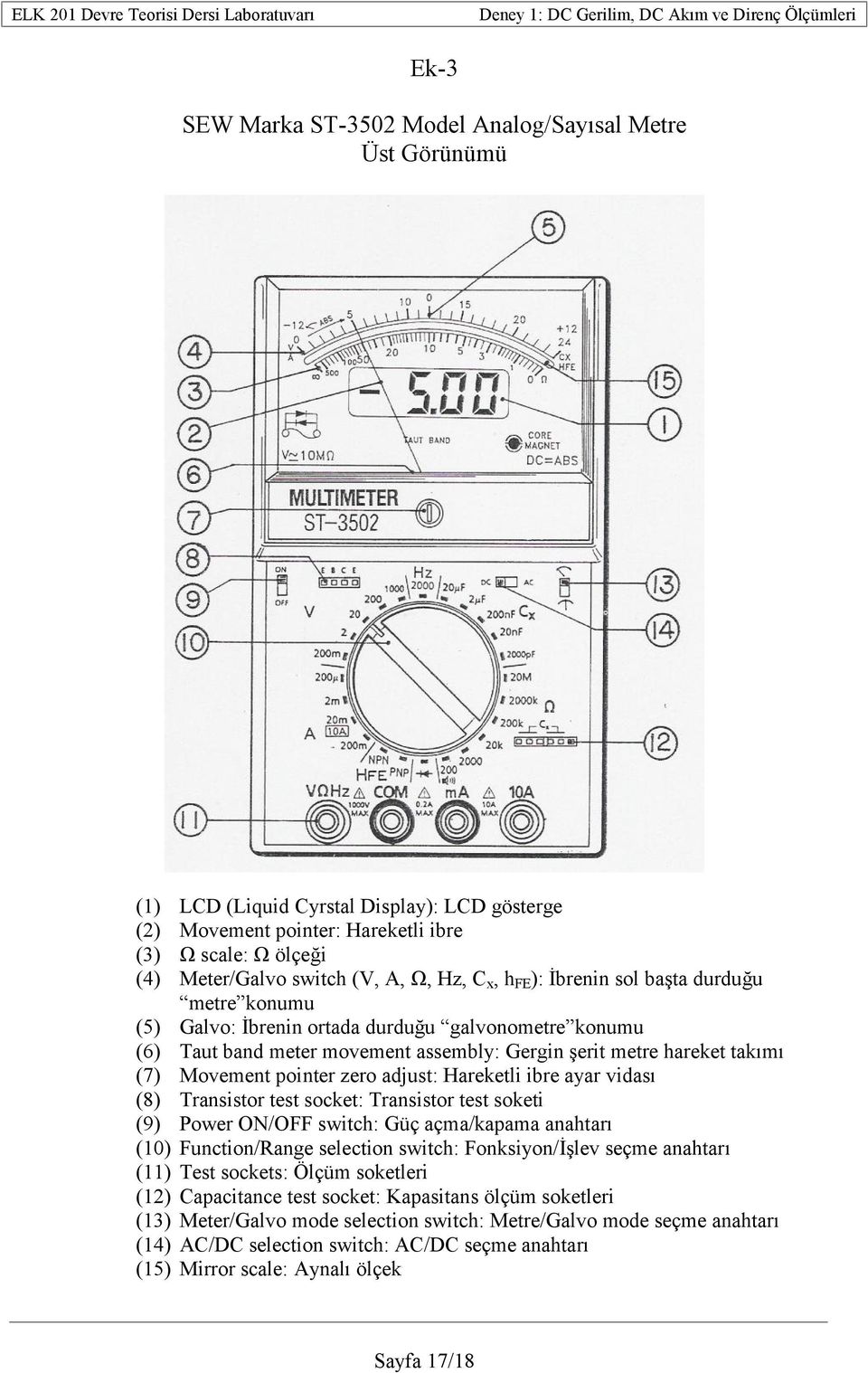 pointer zero adjust: Hareketli ibre ayar vidası (8) Transistor test socket: Transistor test soketi (9) Power ON/OFF switch: Güç açma/kapama anahtarı (10) Function/Range selection switch: