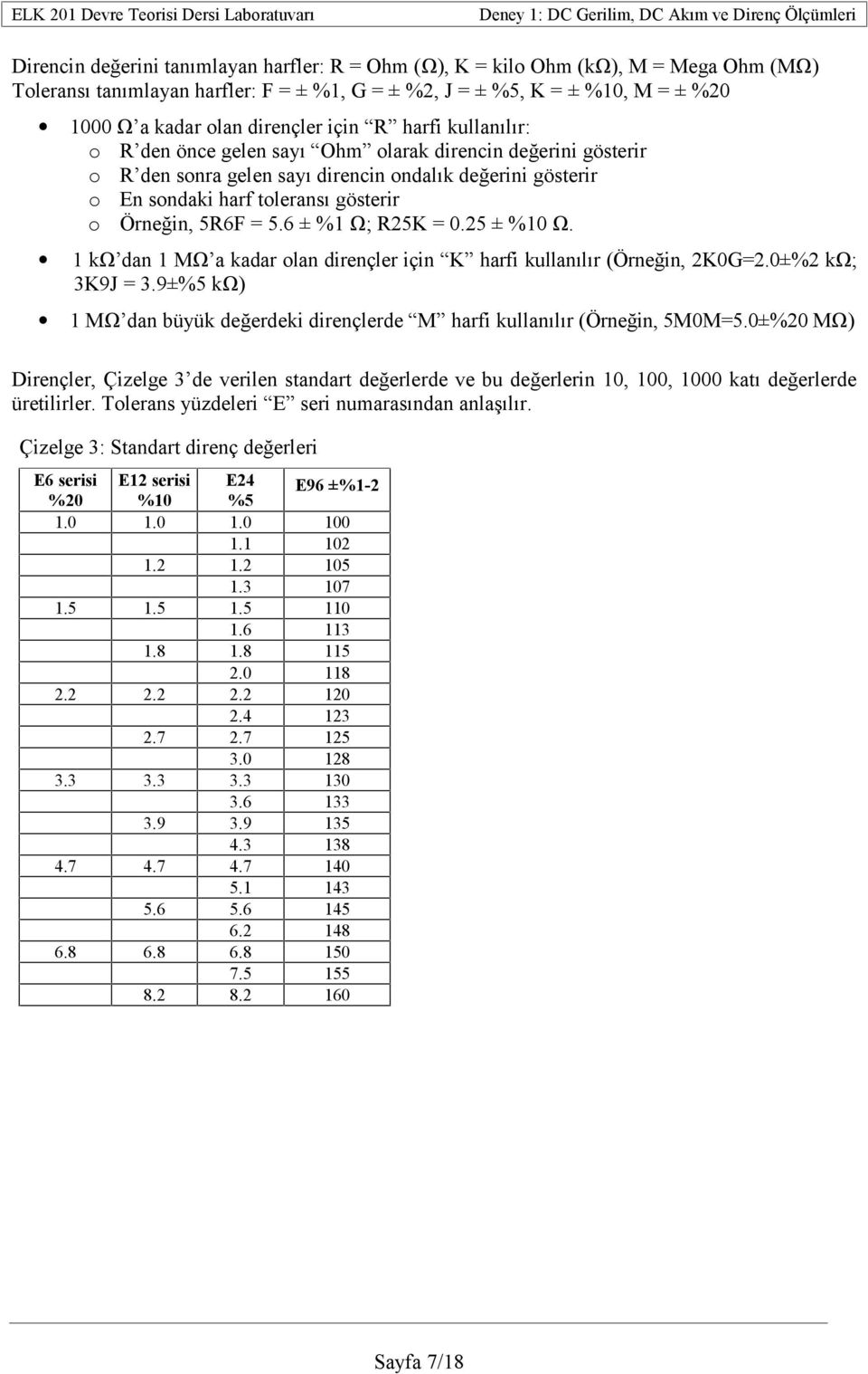 = 5.6 ± %1 Ω; R25K = 0.25 ± %10 Ω. dan 1 MΩ a kadar olan dirençler için K harfi kullanılır (Örneğin, 2K0G=2.0±%2 kω; 3K9J = 3.